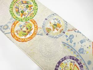 アンティーク　絵皿に花鳥模様織り出し袋帯（材料）